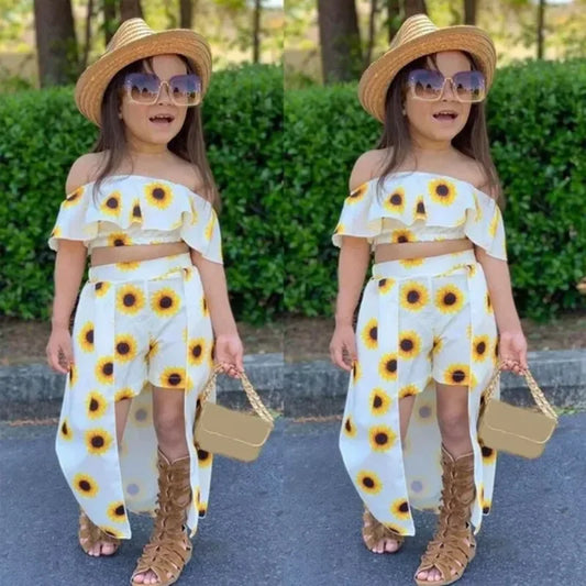 Kids Girls Clothing Sets Floral Print Off Shoulder Crop Top and Culotte Skirt Suits ( Not Include Hats, Bags,Glasses)