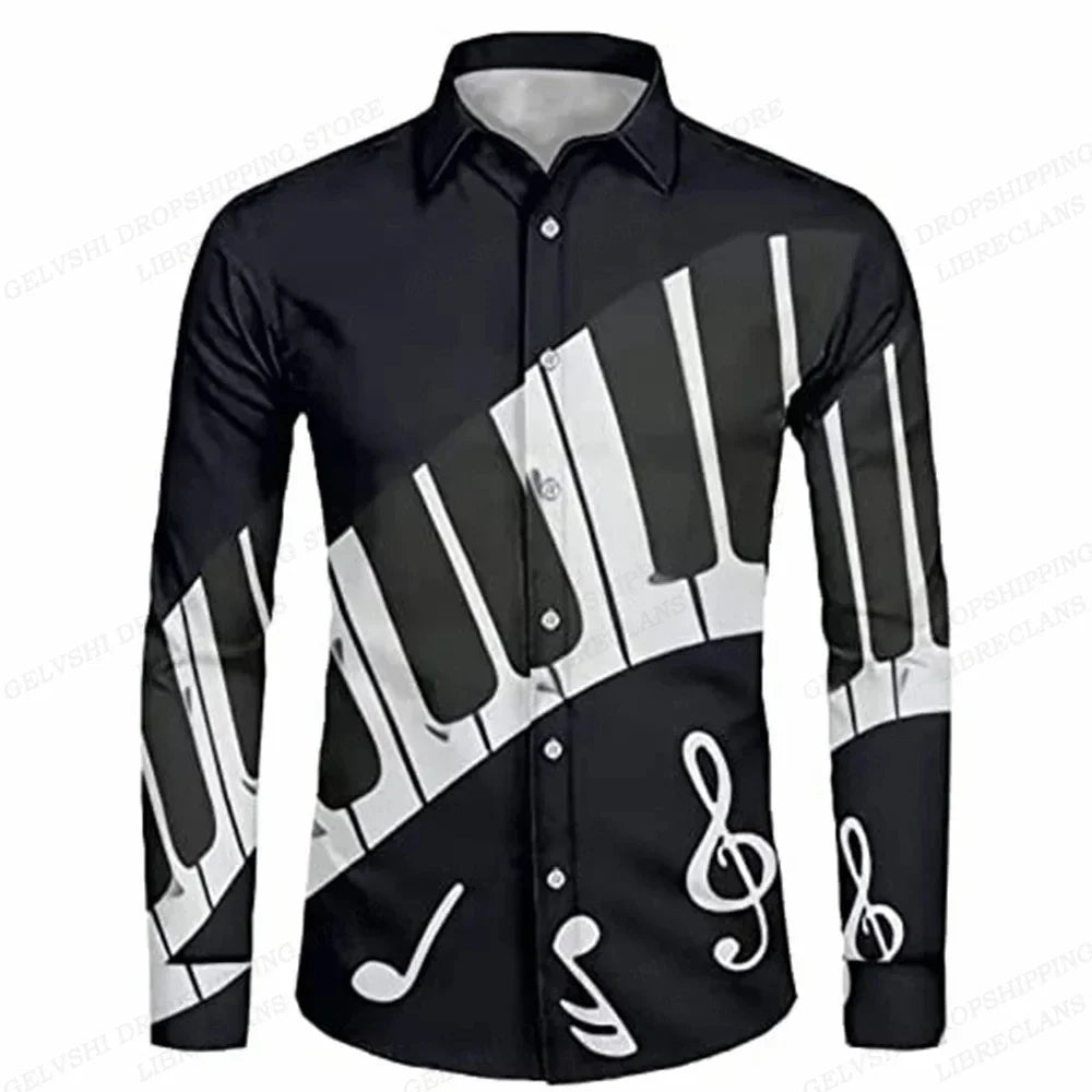 Long Sleeve Hawaiian Shirts Men Fashion Music Hawaii Shirt Instrument Beach Blouses Single Breasted Camisas Men's Clothing Aloha