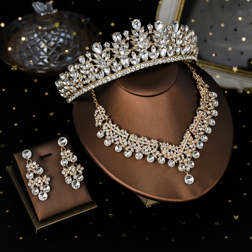 Bridal Wedding Elegant Headpieces Crystal Crown Tiara Classic Earrings & Necklace Set Jewelry Accessories Gifts for Friends