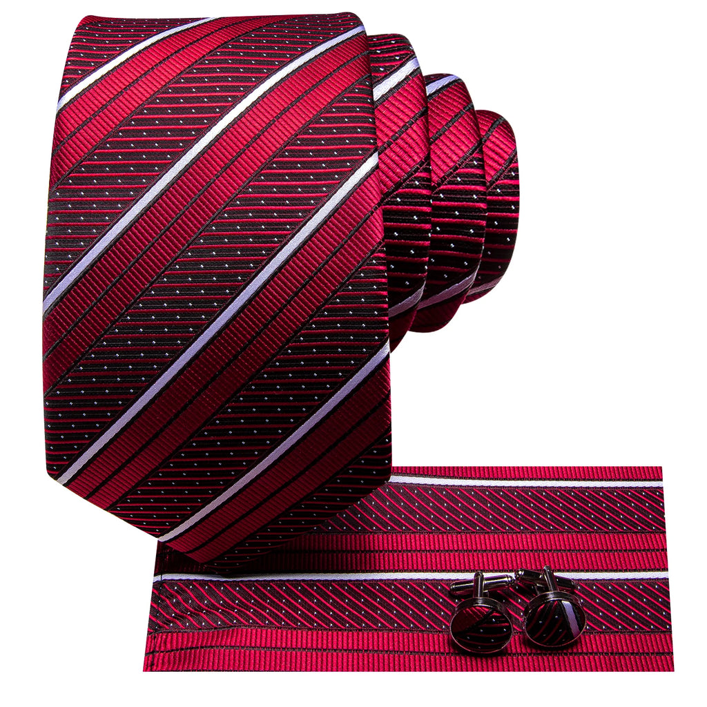Hi-Tie Striped Burgundy Blue Black Men Elegant Necktie Handkerchief Cufflinks 3PCS Set Fashion Classic Silk Luxury Tie for Man