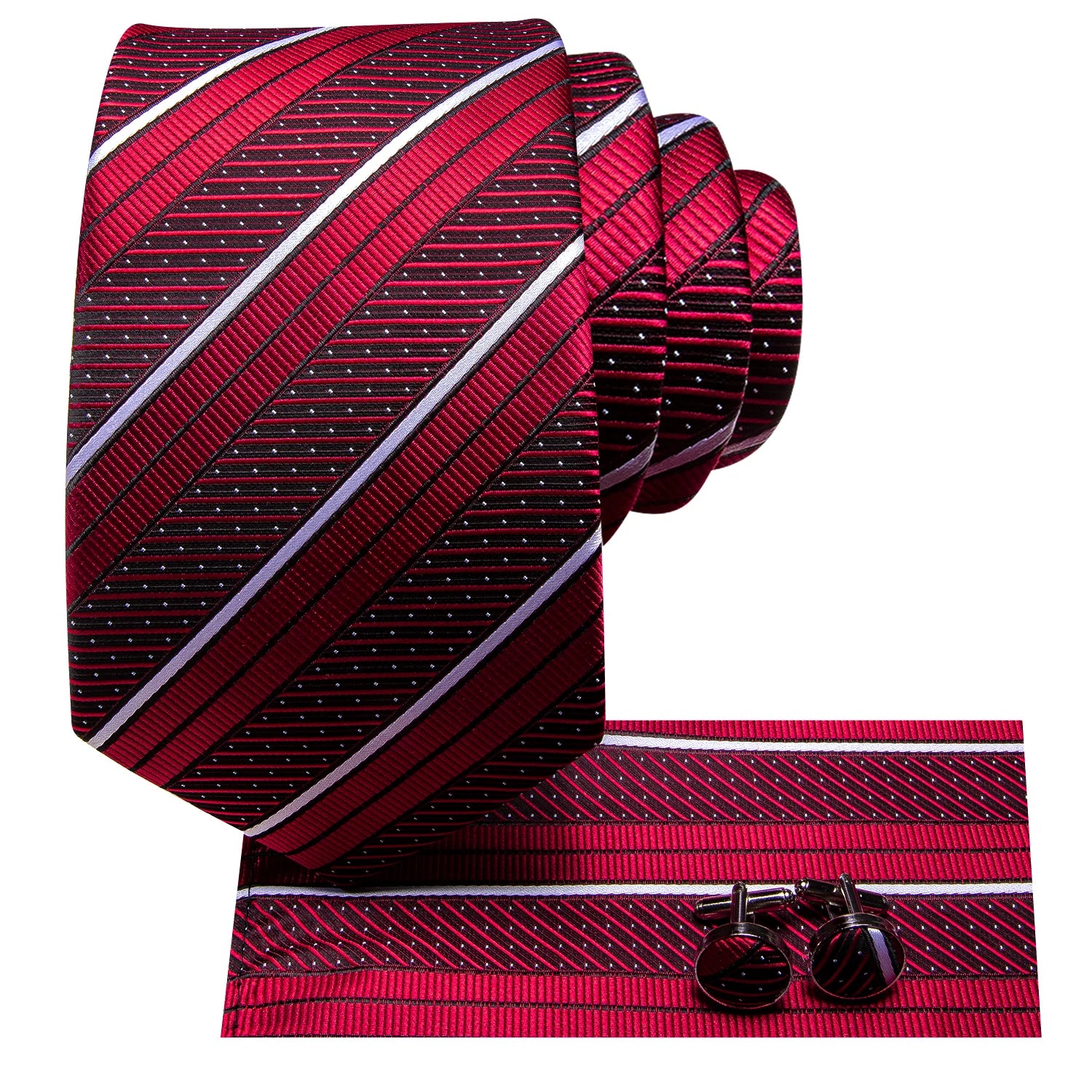 Hi-Tie Striped Burgundy Blue Black Men Elegant Necktie Handkerchief Cufflinks 3PCS Set Fashion Classic Silk Luxury Tie for Man