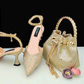 QSGFC New Gold Glitter Fabric Pointed Toe High Heels With A Variety Of Shapes Of Rhinestones Fashion Party Ladies Shoes And Bag