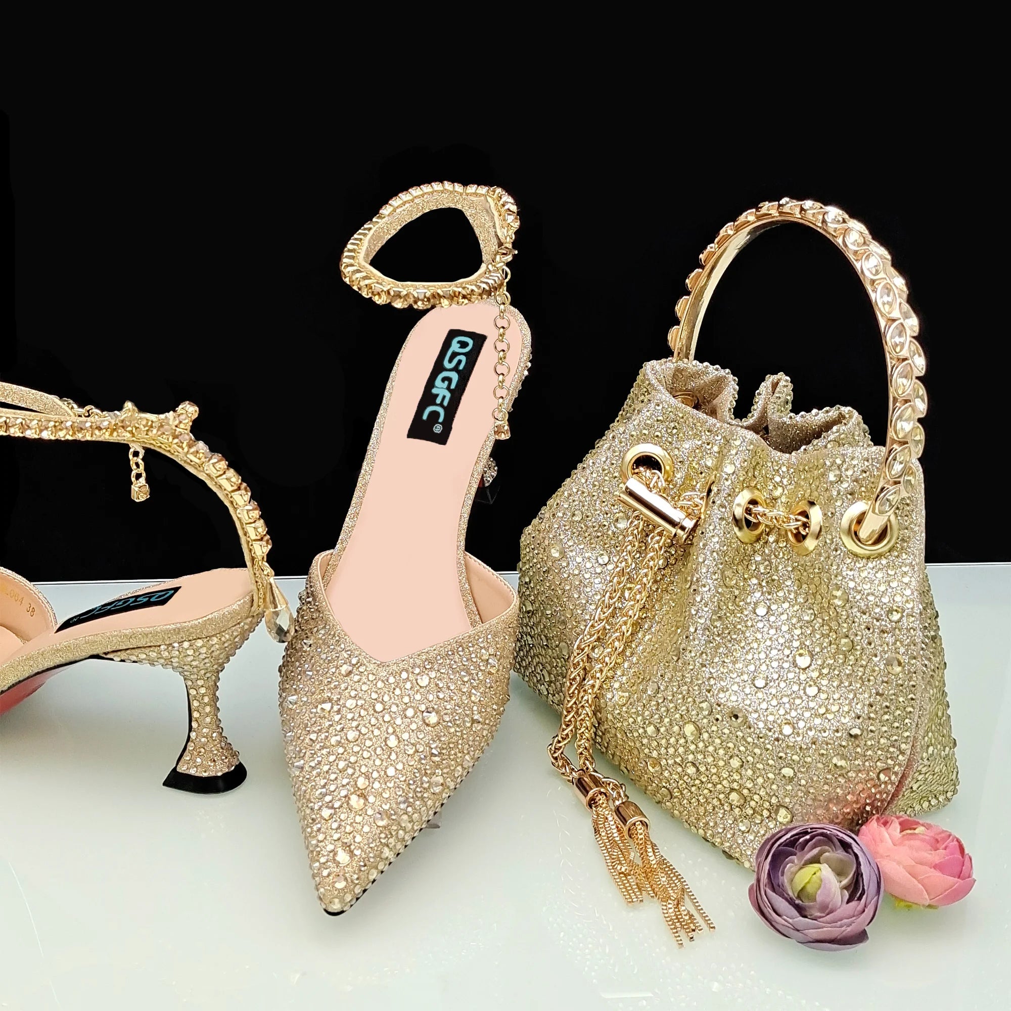 QSGFC New Gold Glitter Fabric Pointed Toe High Heels With A Variety Of Shapes Of Rhinestones Fashion Party Ladies Shoes And Bag