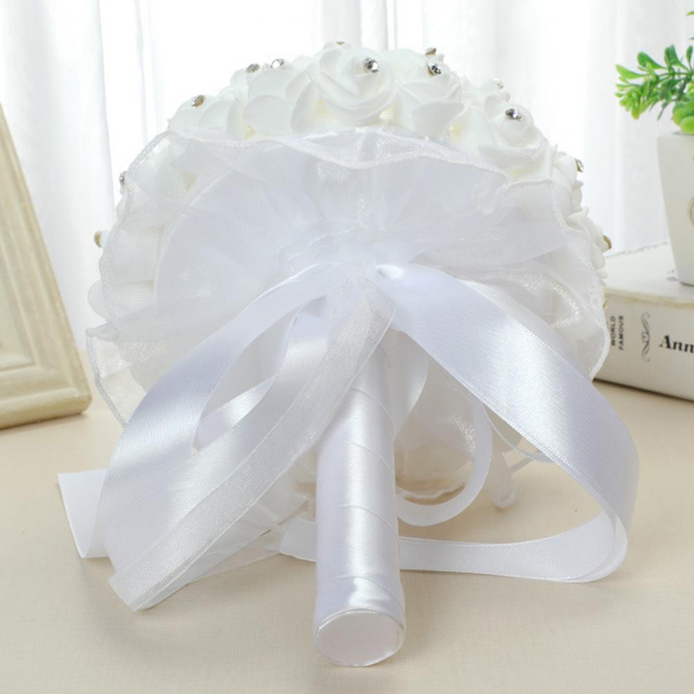 White Faux Silk Diamond Flower Ribbon Bouquet Wedding Bridal Holding Rose Bouquet Fake Flower for Wedding Decoration Flowers