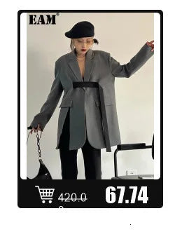 EAM Gray Spliced Pleated Personality Blazer Women New Lapel Long Sleeve Loose Fit Jacket Fashion Tide Spring Autumn 2025 30A1252