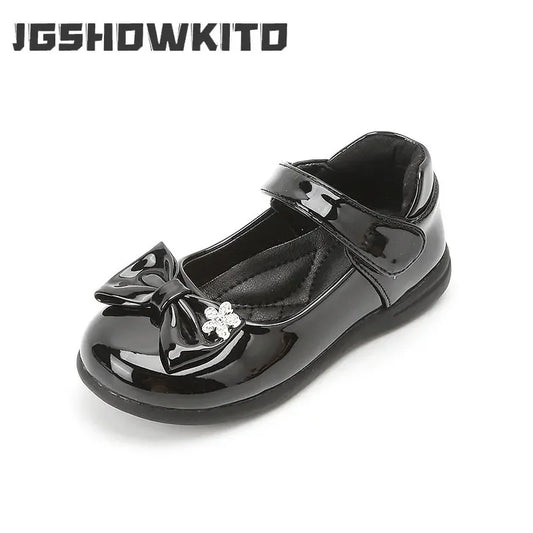 Glossy Kids Leather Shoes Simple Shallow Performance Shoes Black Bow with Crystal Flower Child Moccasin Shoes for Girls Casual