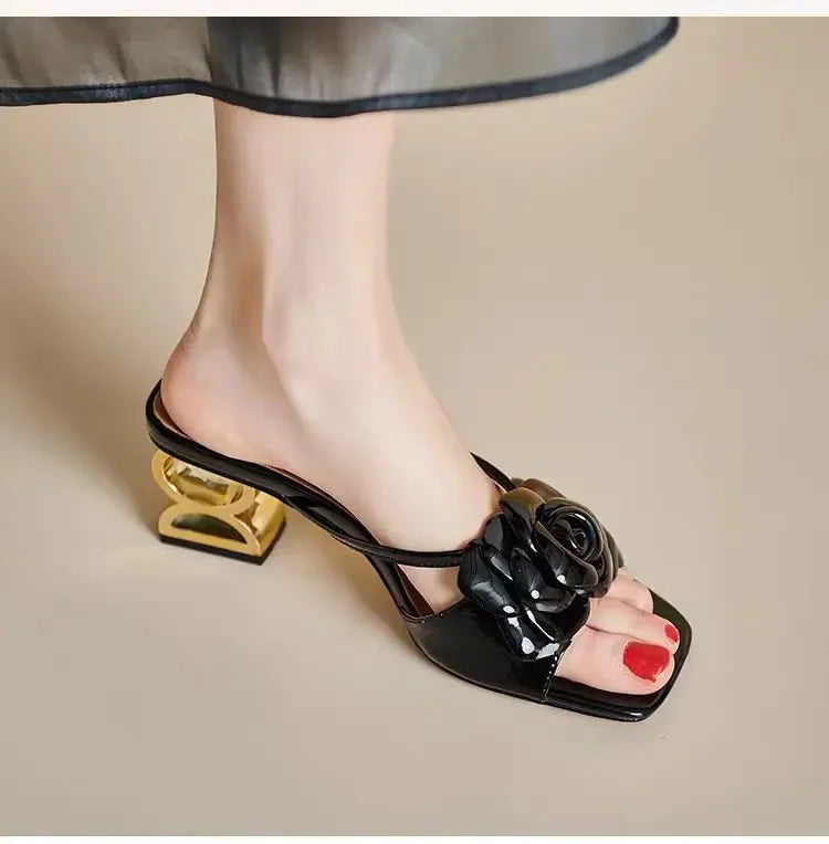 Women Shoes 2025 New Summer Big Size 34-42 Fashion Flowers Black Beige Gold Dress Party Wedding Female Sandals Shoes
