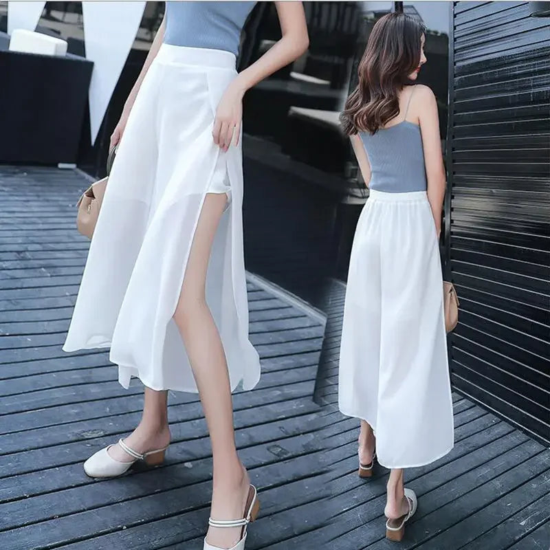 2024 Side Split Shorts Skirt Women's Summer Sweet Slim Chiffon Capris Skirts Female Korean Style Split Tulle Skirt Pants