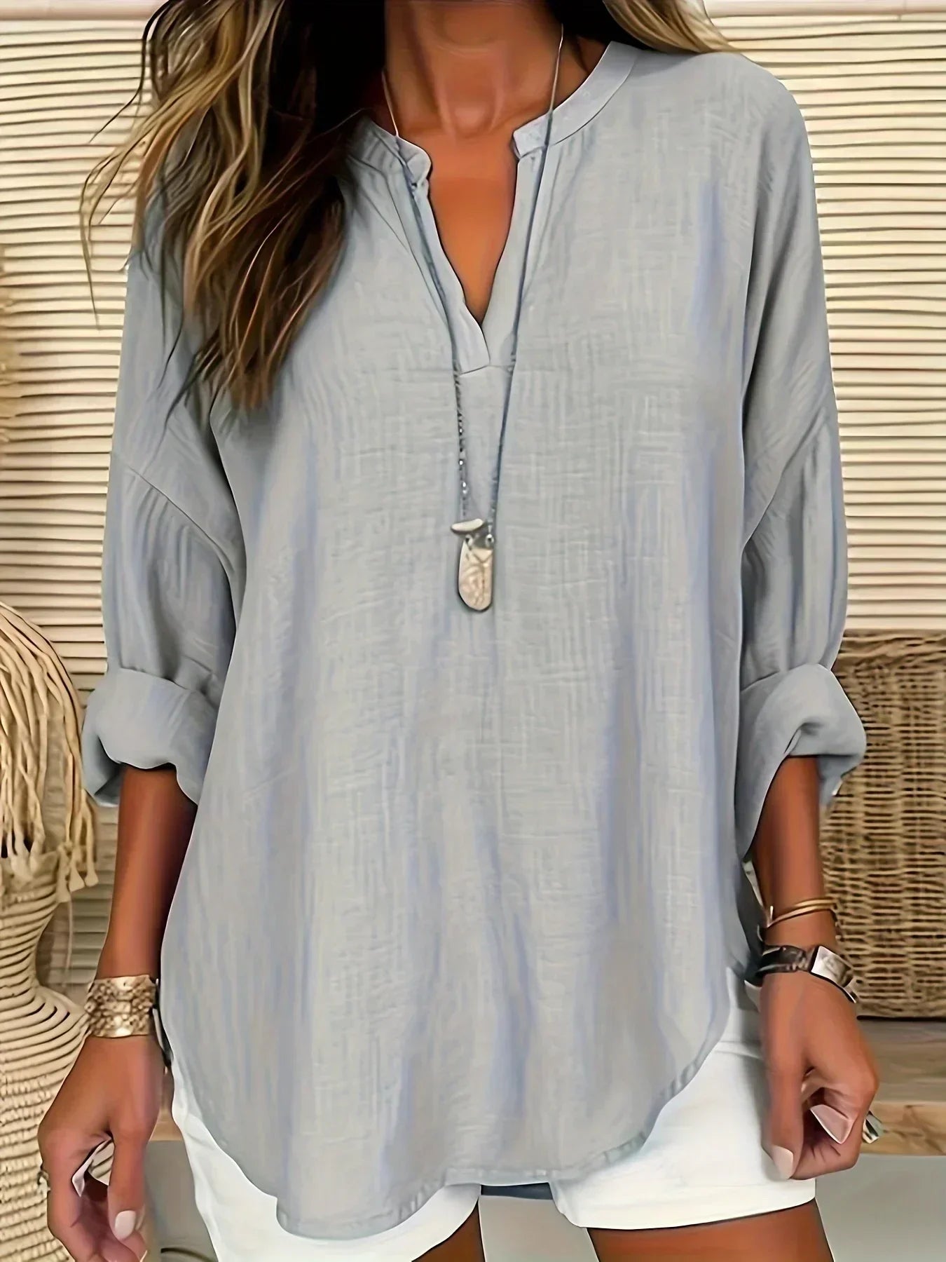 Plus Size 1XL-5XL Women Casual Solid Color Blouse Ladies Fashion Loose Tops V-neck Blouse Long Sleeve Shirt