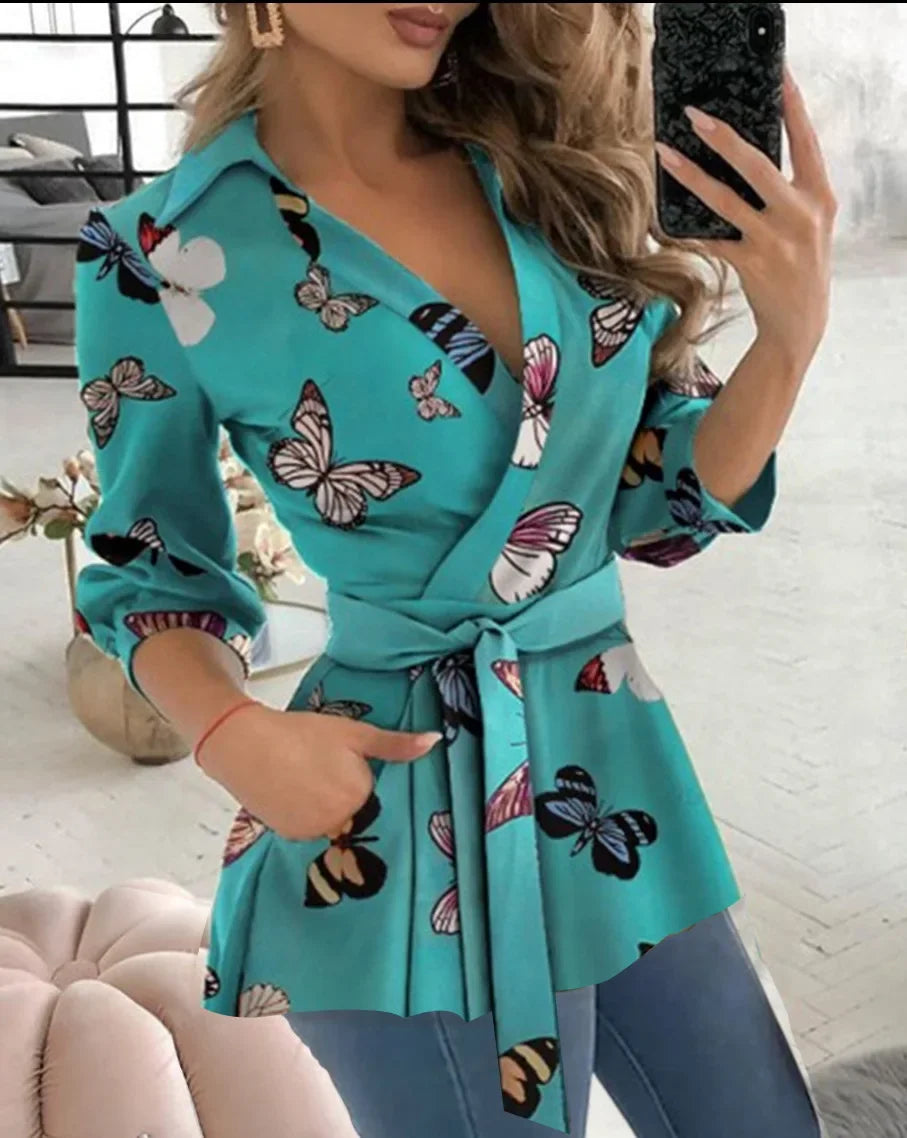 Plus Size Women's Spring/Summer Commuter Elegant Long Shirt Fashion Printed Shirt Long Sleeved Solid Color Lapel Belt Shirt