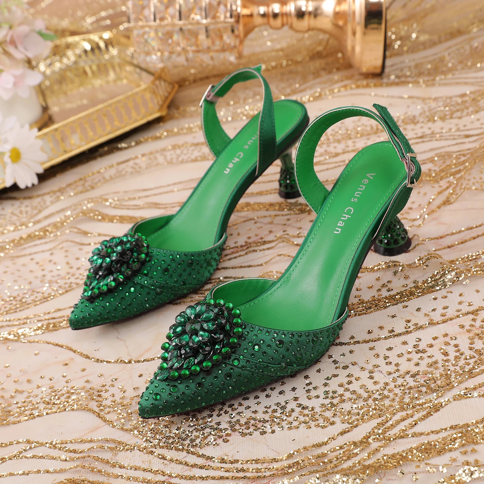 Luxury Elegant High Heels Royal Blue Color Diamond Embellished Pointed Toe Women's Shoes for Wedding Party Casual 2025 Style
