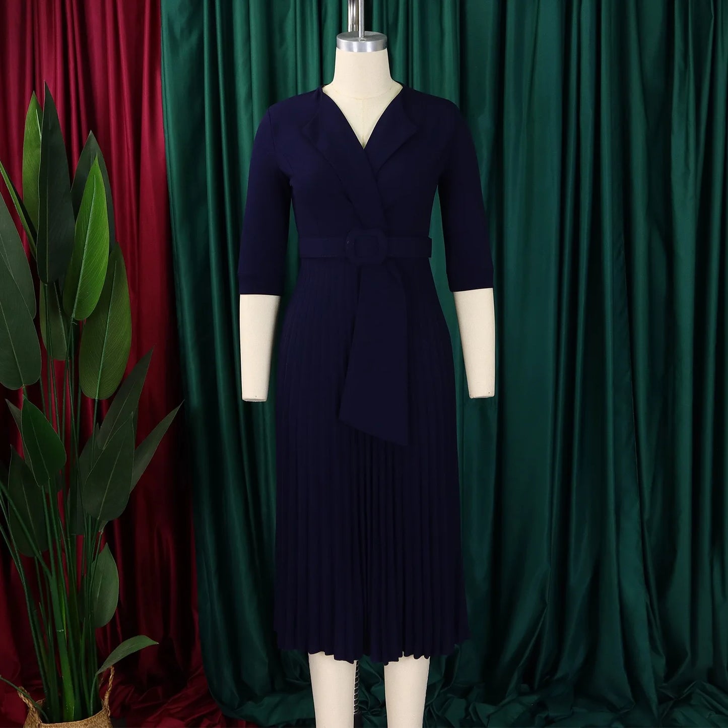 Elegant Office Ladies Dresses 2024 Autumn Fall Notched Collar Half Sleeve Belt Waisted Mid Calf Female Birthday Party Dress Midi