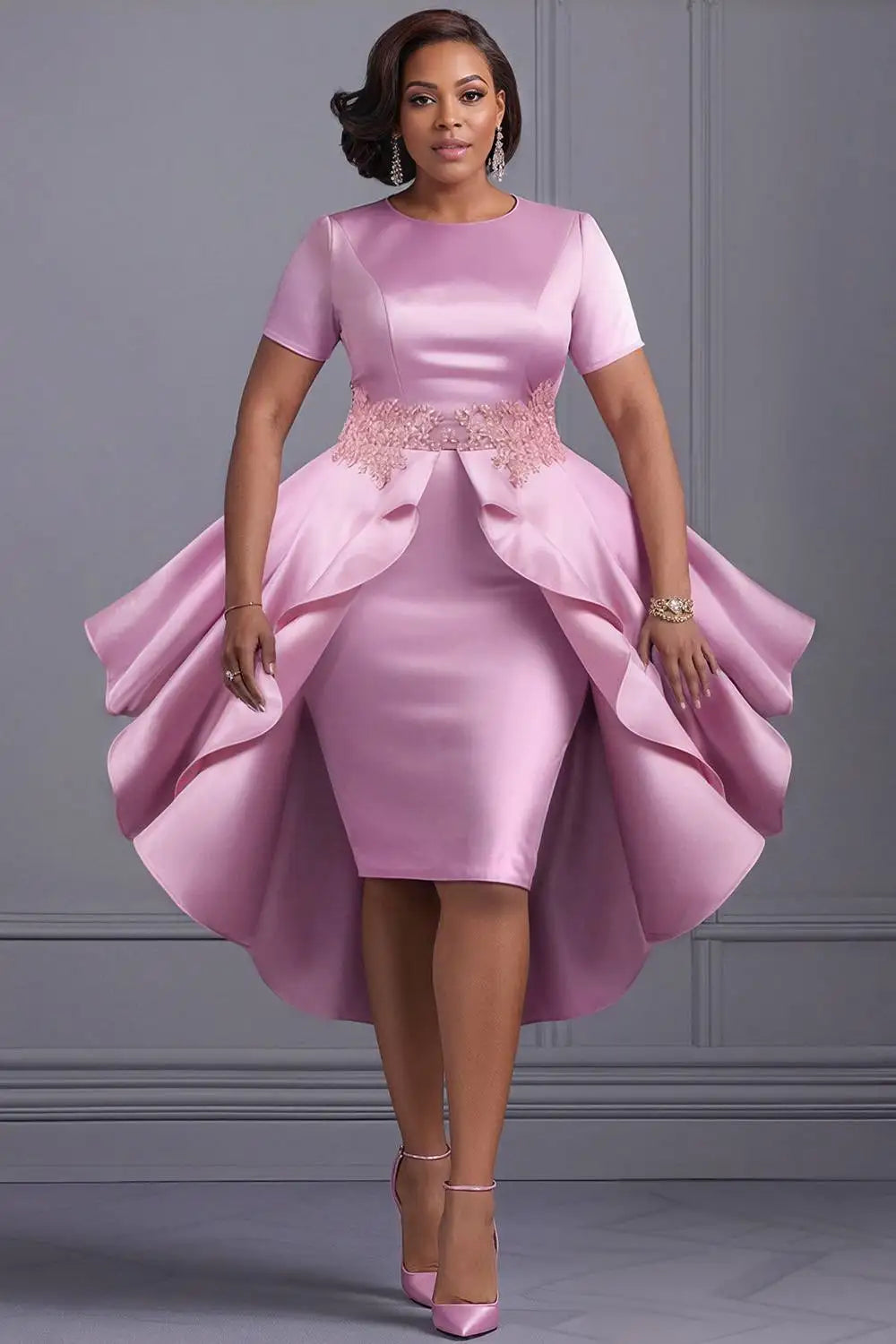 Plus Size Mother Of The Bride Pink Round Neck Short Sleeve With Skirt Overlay Elegant Bodycon Midi Dresses