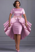 Plus Size Mother Of The Bride Pink Round Neck Short Sleeve With Skirt Overlay Elegant Bodycon Midi Dresses