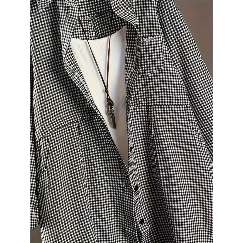 Plus Size New Korean Fashion Blouses Plaid Button Solid Midi Autumn Shirt Female All-match Loose Long Sleeve Polo-Neck Blouse