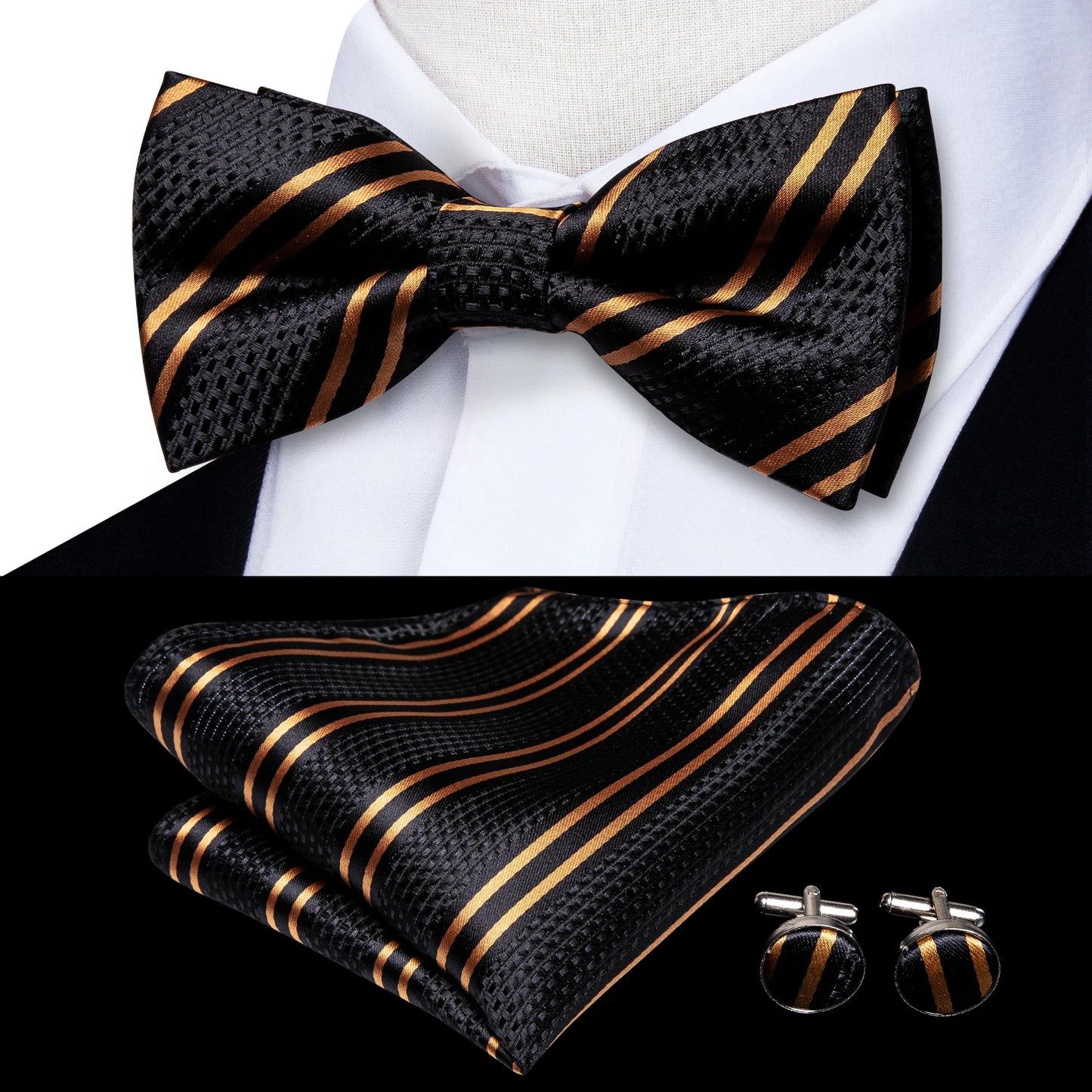 Hi-Tie Pink Dot Silk Mens Pre-tied Bow Tie Hanky Cufflink Set Dusty Pink Butterfly Knot Bowtie for Male Wedding Business