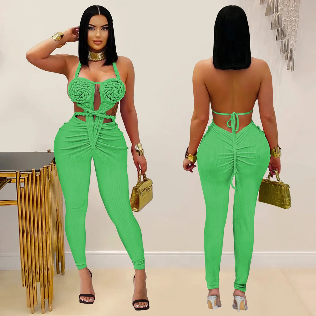 GLCMYAYA Women Halter Neck Knit Ribbed Ruched Stacked Jumpsuits 2025 Summer Vacation Beach Romper Playsuit One Piece Set Outfits