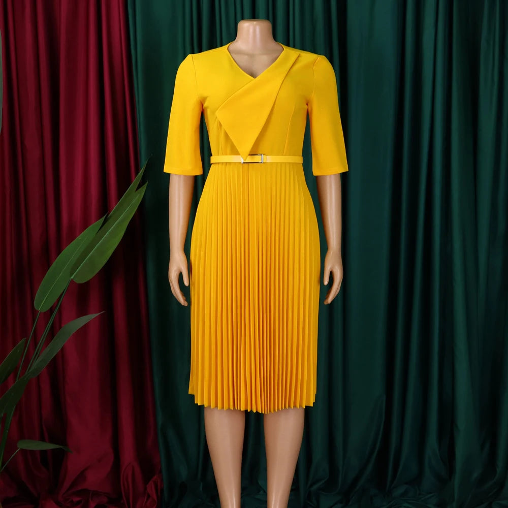 Church Dresses for Women Elegant V Neck Half Sleeves Pleated A-Line Midi Dress Female Classy Modest African Summer Fashion Gowns