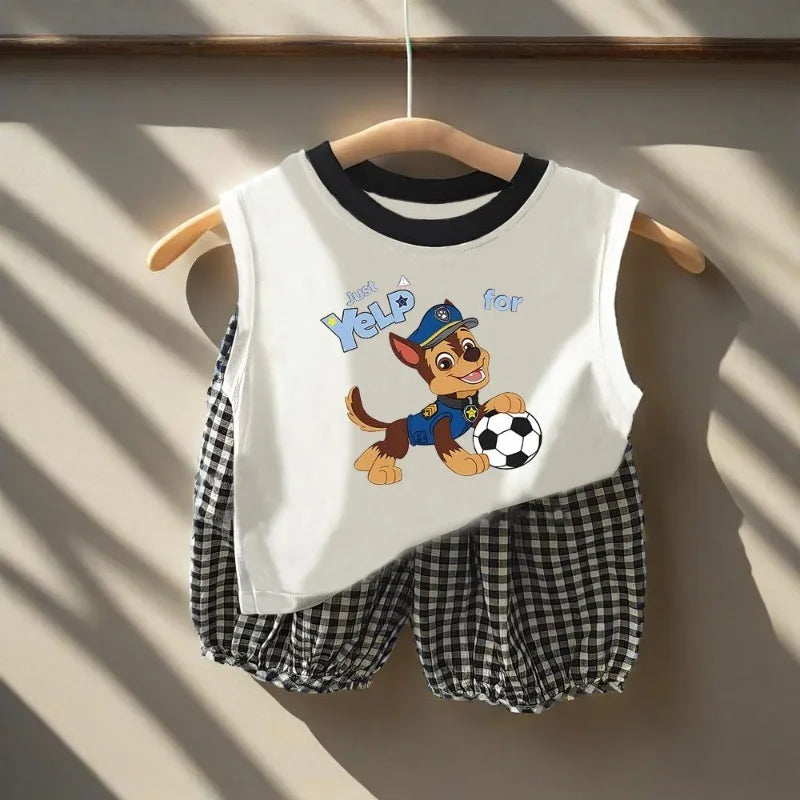 Summer Children Sleeveless Vest and Plaid Shorts 2pcs Sets PAW Patrol Boys Breathable Outfits Baby Girls Casual Clothes  Suit