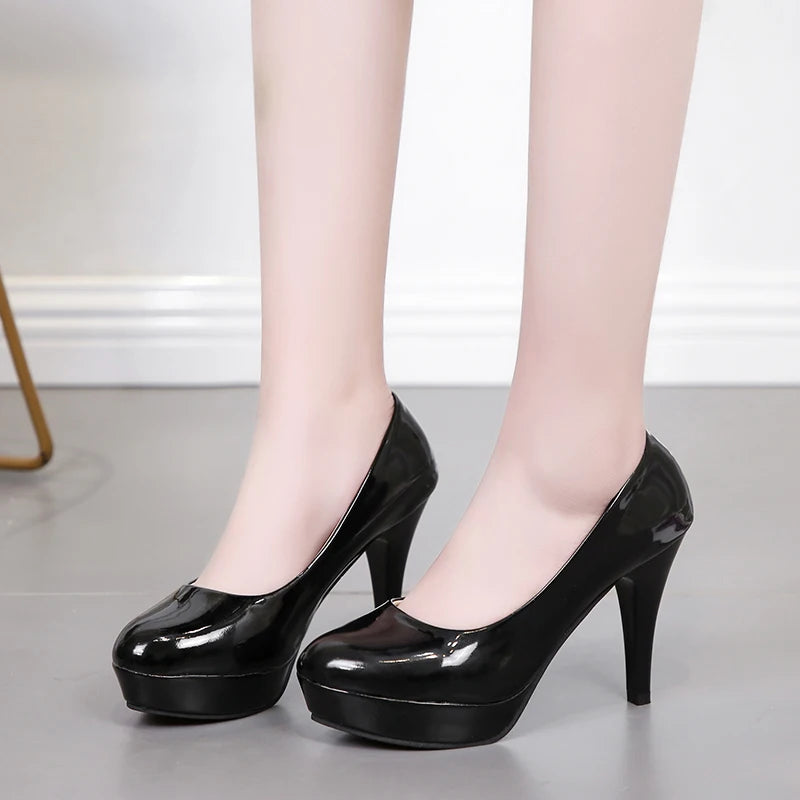 Beige waterproof platform high heels women's spring and autumn patent leather sexy round toe stiletto wedding shoes 10cm Size 42