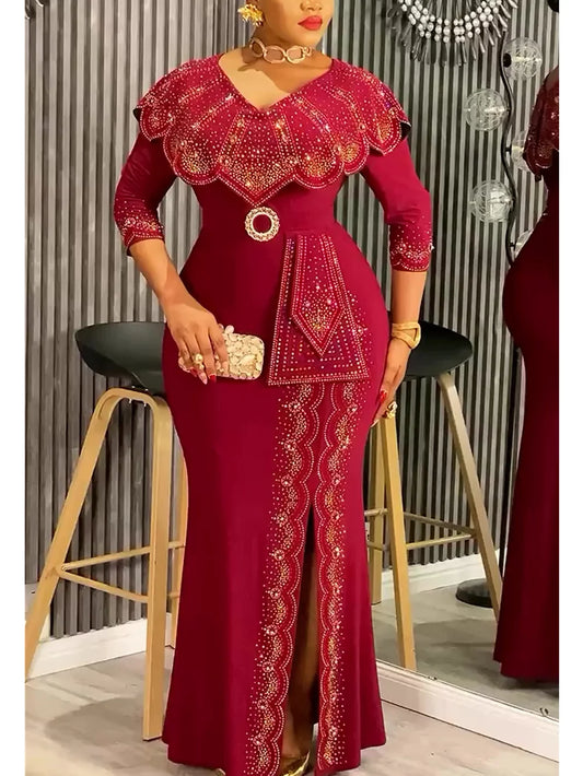 Plus Size African Party Dresses for Women Dashiki Diamond Bodycon Slit Long Dress Elegant Turkey Muslim Wedding Evening Gown