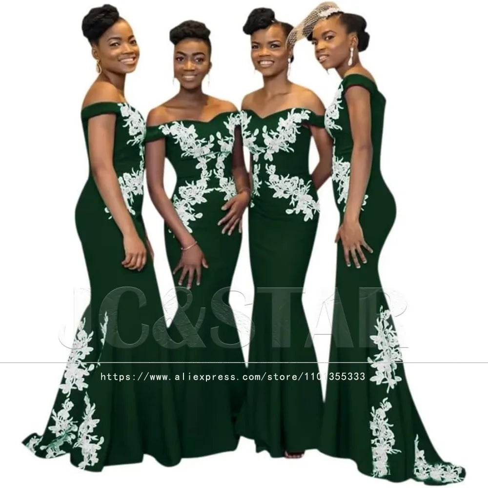 Burgundy Womens Off The Shoulder Mermaid Bridesmaid Dresses for Wedding Lace Satin Prom Dresses Long Formal Evening Gowns Africa