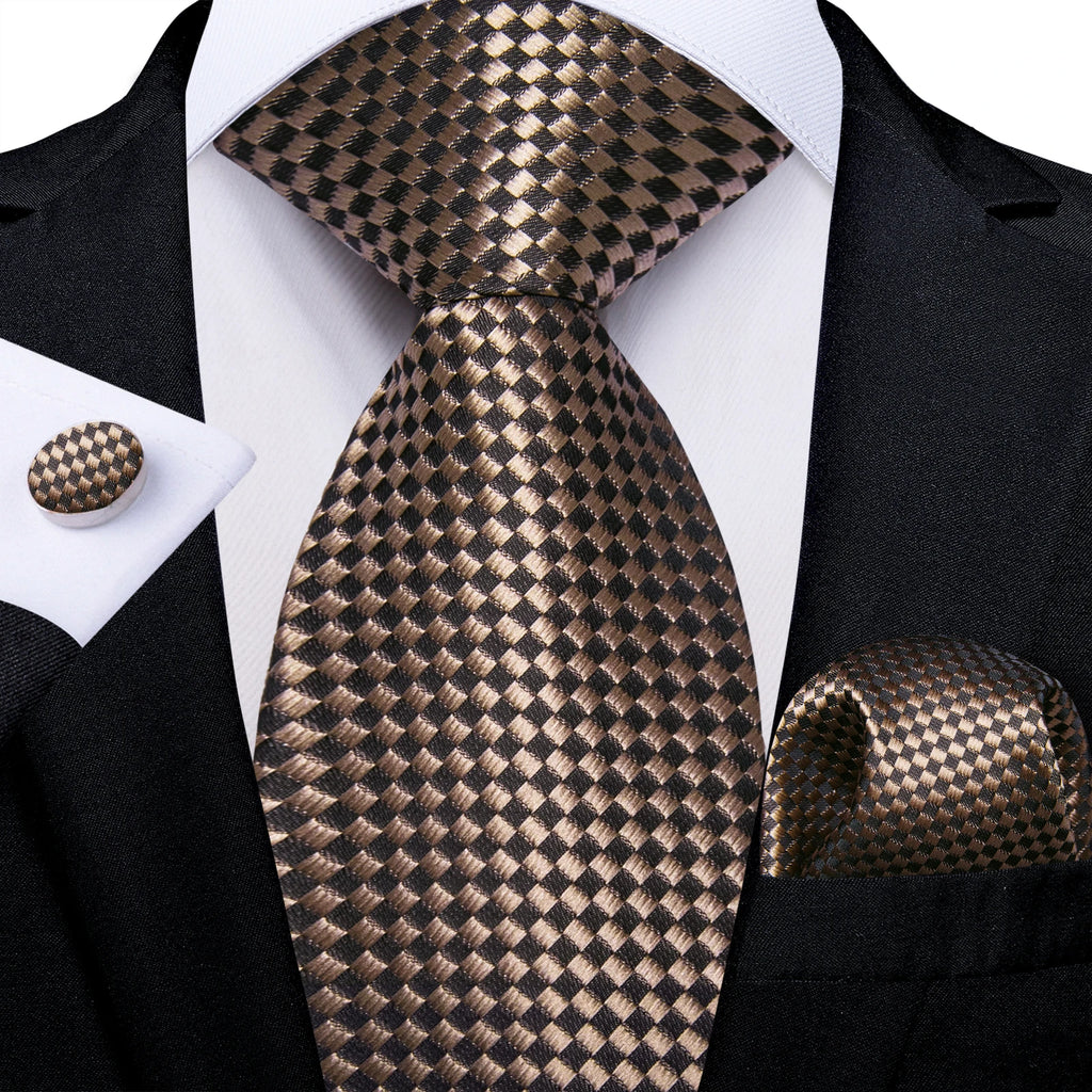Solid Black Plaid Men's 8cm Polyester Neck Tie Handkerchief Cufflinks Set with Gift Box Tie Clip Birthday Anniversary Gift