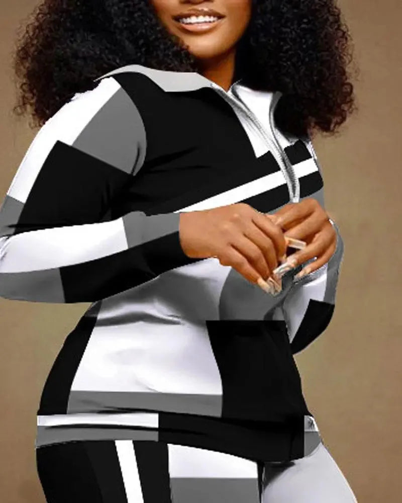 2023 Women Print Zipper Stand Collar Sheath Tops Two Piece Sets Full Sleeve Casual Long Straight Pants Set Autumn Winter