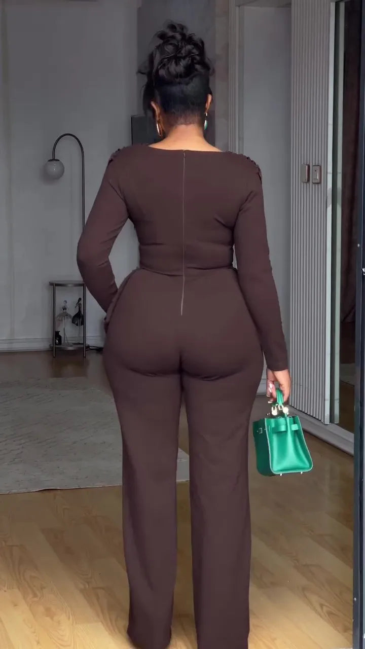 Swing Collar Ruched Jumpsuit Long Sleeve Solid Elegant Office Lady Asymmetric Hem Casual Vintage Ruched Slim Rompers Autumn