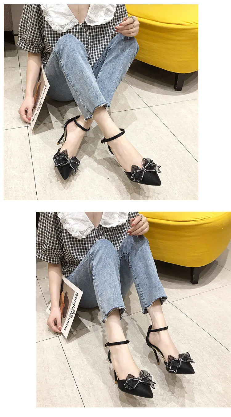 Crystal Wedding Shoes Bride Wedding Dress Two Wears  New Bow High Heels Women's Summer Slim Heels White Pointed Sandals  Women