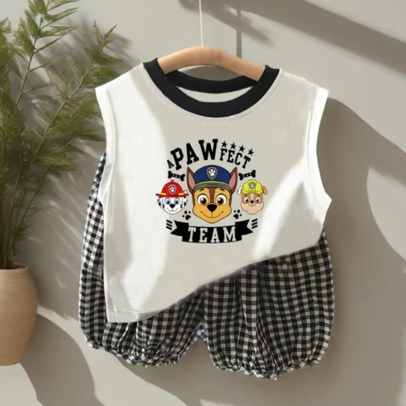 Summer Children Sleeveless Vest and Plaid Shorts 2pcs Sets PAW Patrol Boys Breathable Outfits Baby Girls Casual Clothes  Suit