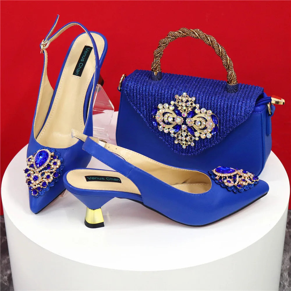 Italian 2024 Fashion Design Diamond Chain Full Diamond Bag And Pointed High Heels Noble And Generous Decoration Full Diamond