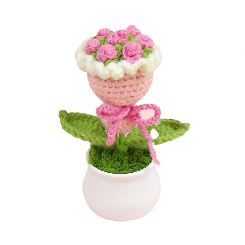 Finished Handmade Crocheted Rose Bridal Bouquet Potted Car Decoration Simulation Wool Flowers Office Decoration Creative