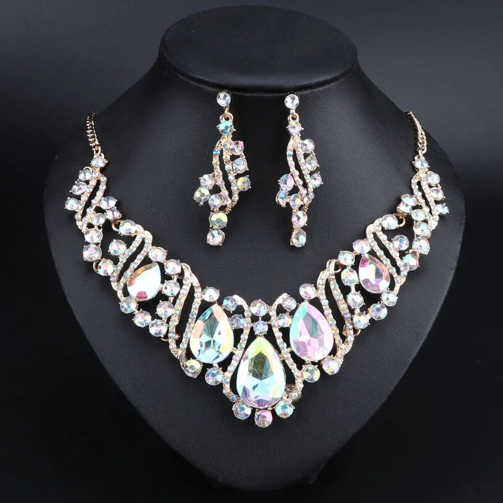 Fashion Crystal Gold Color Necklace Earrings Indian Bridal Jewelry Sets For Brides Wedding Party Costume Accessories Women