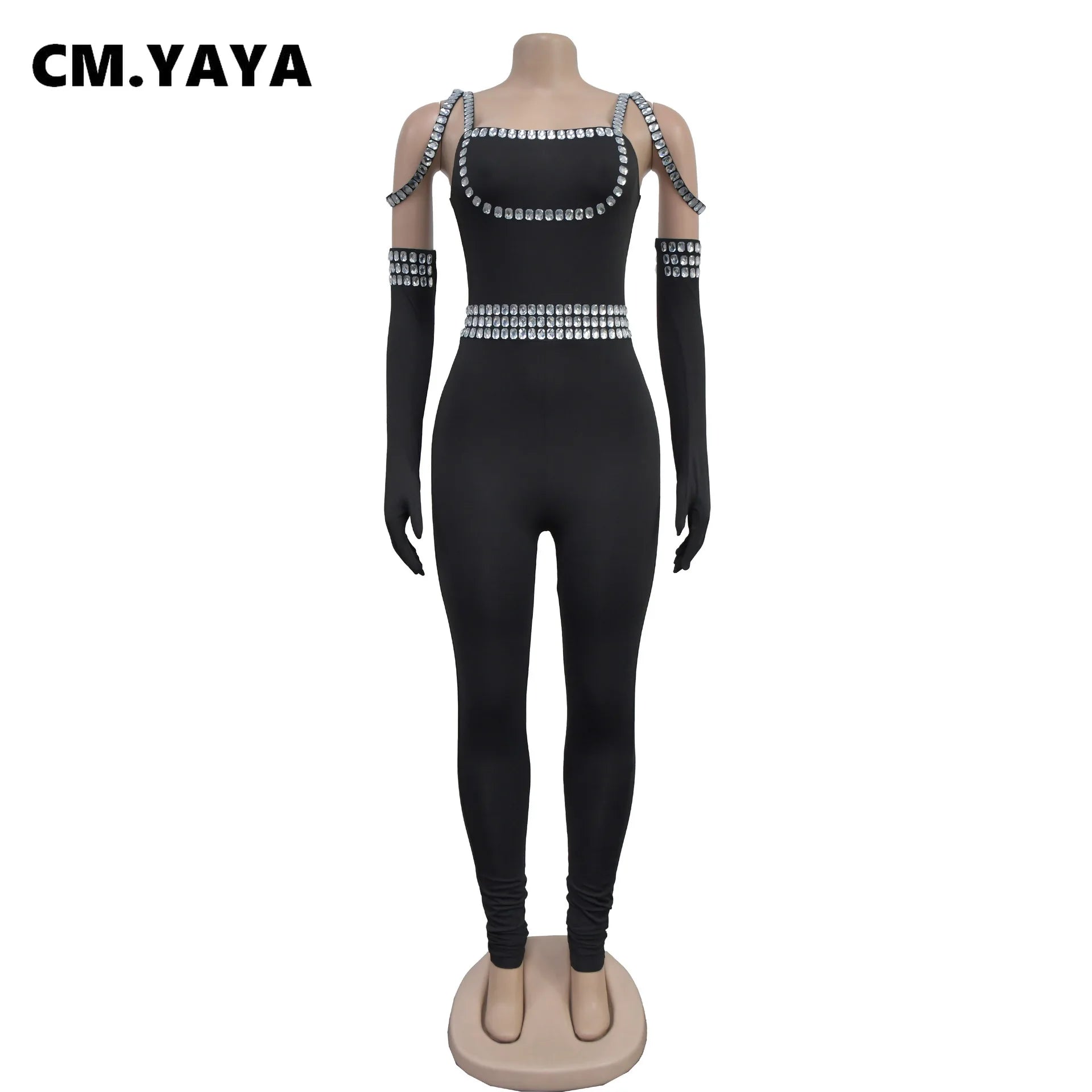 CM.YAYA Women Diamonds Hot Rhinestones Sexy Strap Long Sleeve Jumpsuits Streetwear Club One Piece Overall Rompers with Gloves