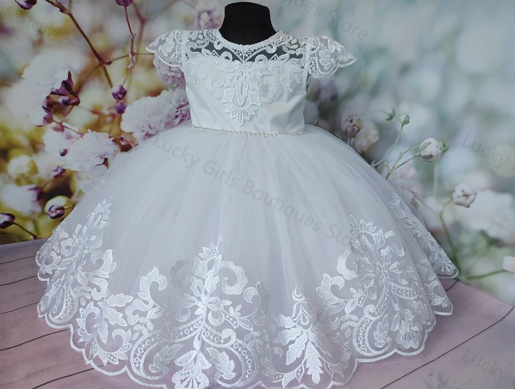 White Ball Gown Baby Christening Gowns Lace Appliques Bows Girls Baptism Pearls Newborn Kids Birthday First Communion Dresses