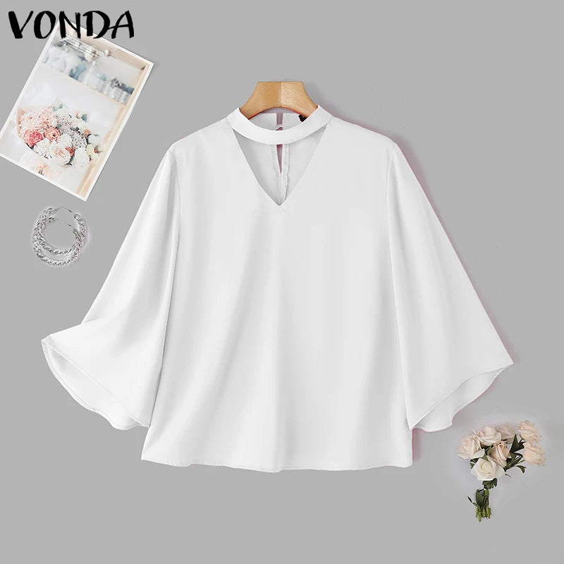VONDA Plus Size Fashion Blouse Women Elegant OL Shirts Casual Hollow Out V Neck Solid Color Tunic Tops 3/4 Sleeve Blusas 5XL