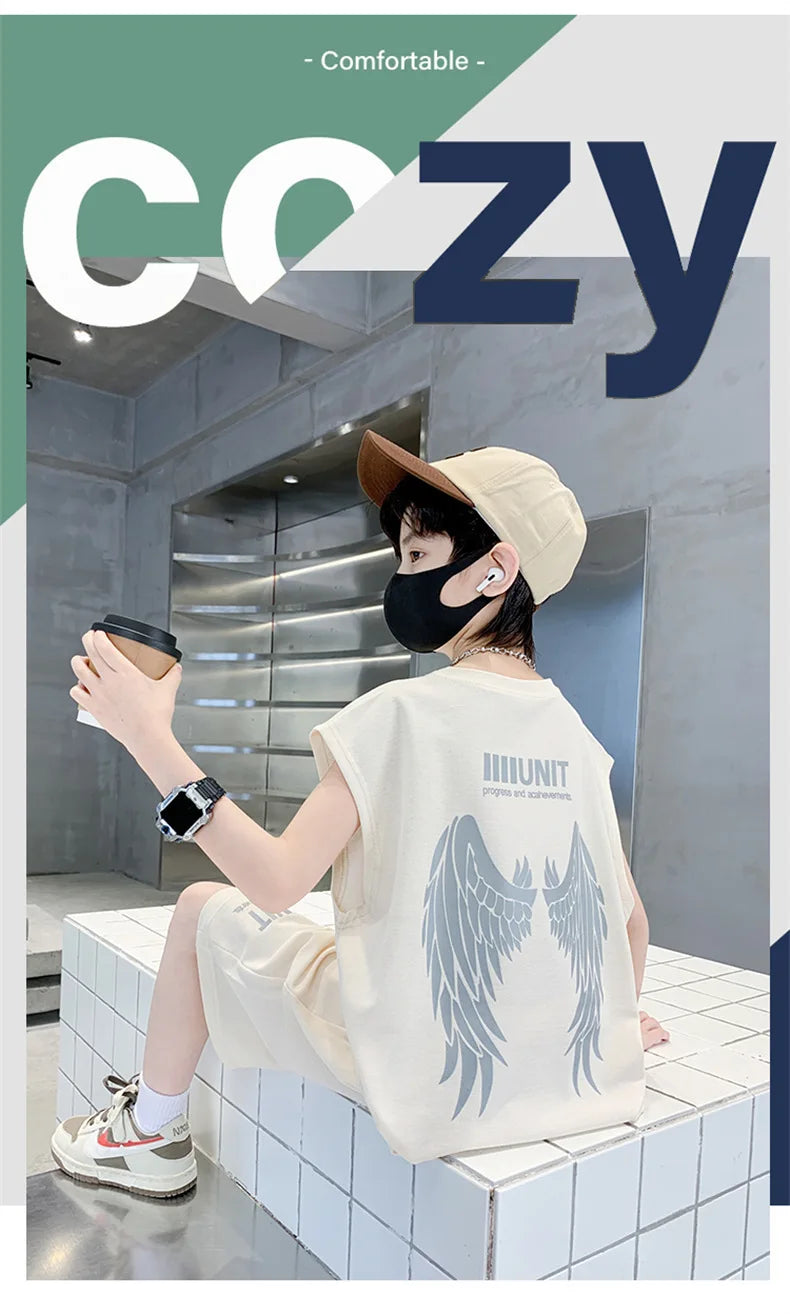 Boys Summer Suit New Children's Sleeveless Vest Sports Suit Fried Street Clothes Cool Handsome Summer Children's Clothing