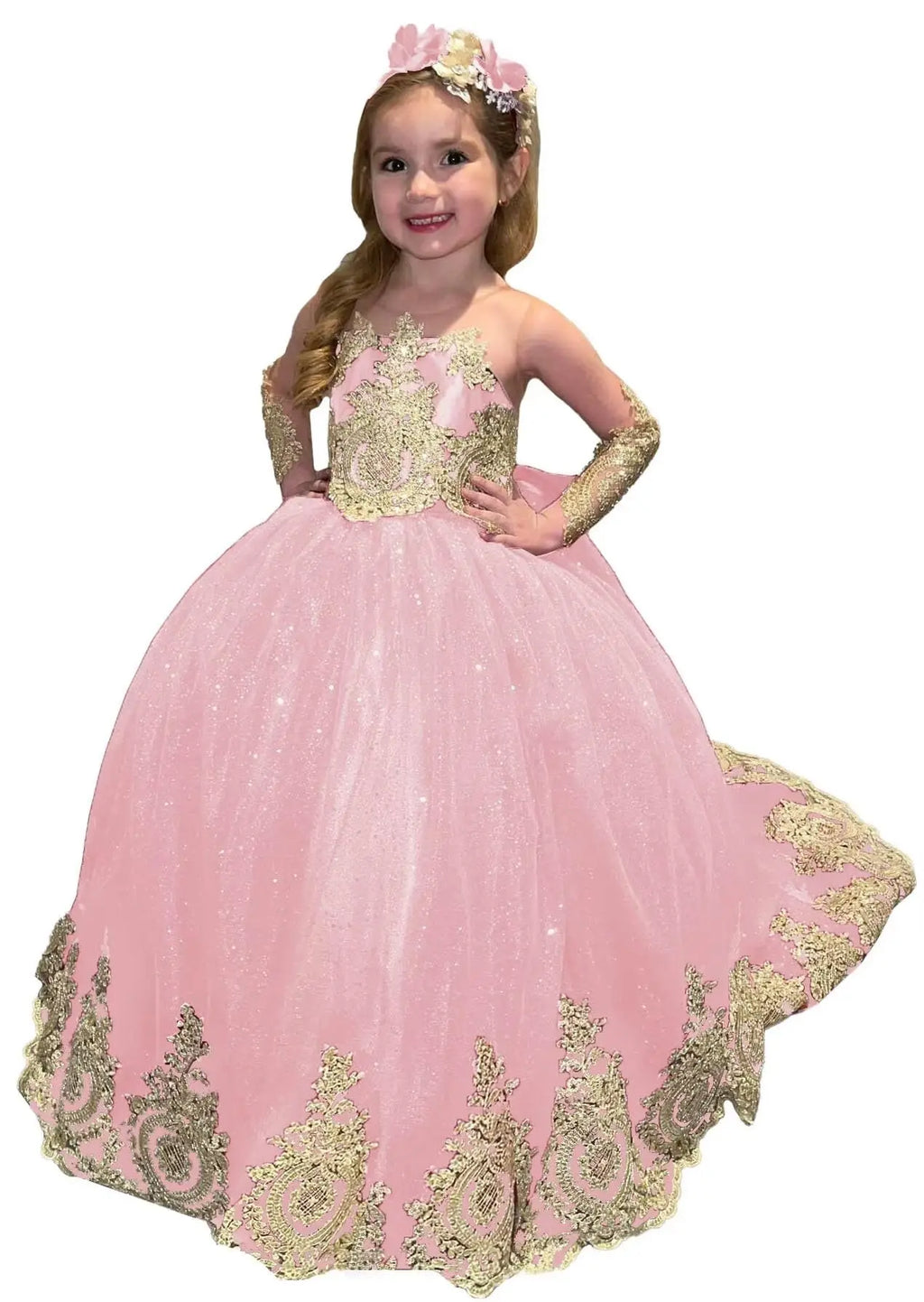 Glitter Puffy Princess Flower Girl Dresses Gold Appliques Bow Tulle Long Pageant Wedding Party Mini Quinceanera Dress Ball Gowns