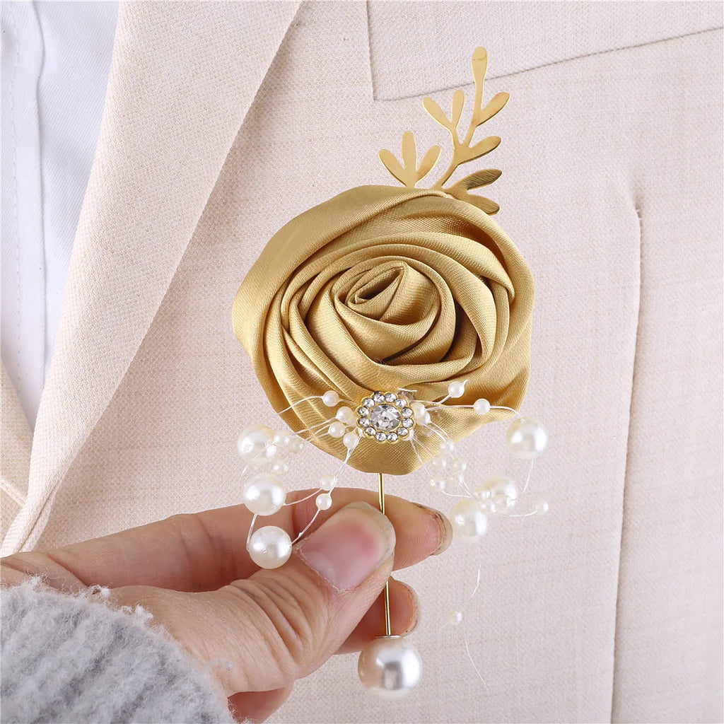 Gold Artifical Rose Flowers Bridesmaid Marriage Groomsman Boutonniere for Wedding Accessories