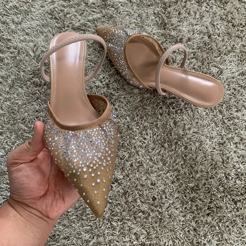 New Summer Women's Sandals Rhinestone Bright Mesh High Heels Footwear Elegant Slingback Pointed Slip on Party Lady Pumps Shoes