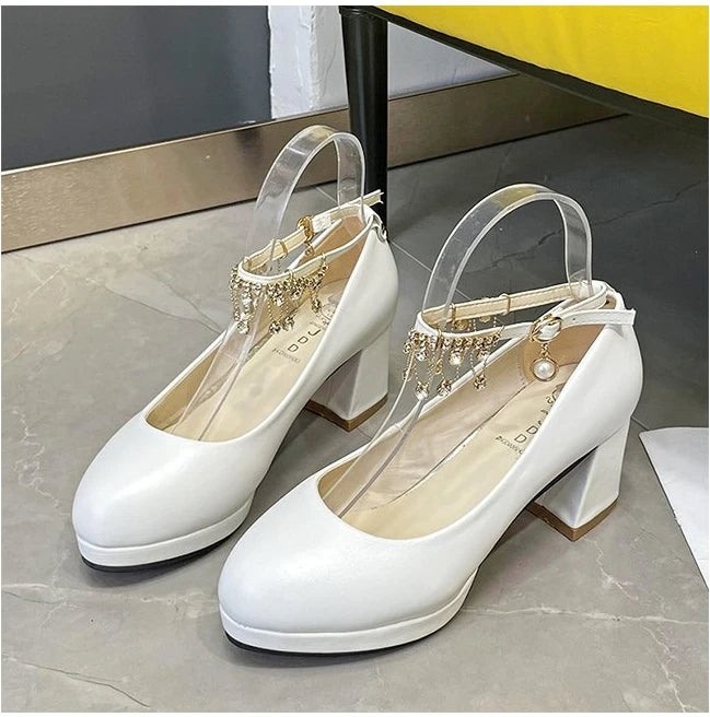 White Women Wedding Shoes Crystal Preal Ankle Strap Bridal Shoes Woman Dress Shoes Seay Pumps Sweet Party Shoes