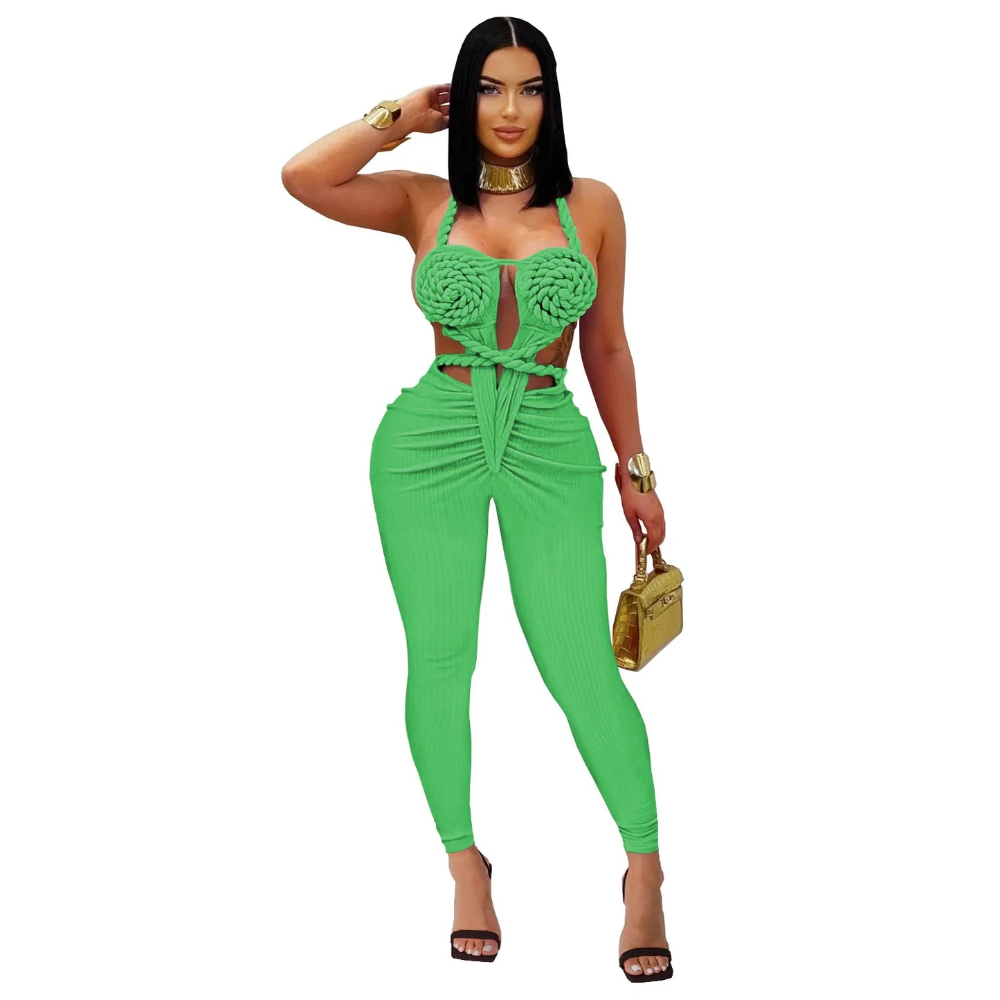 GLCMYAYA Women Halter Neck Knit Ribbed Ruched Stacked Jumpsuits 2025 Summer Vacation Beach Romper Playsuit One Piece Set Outfits