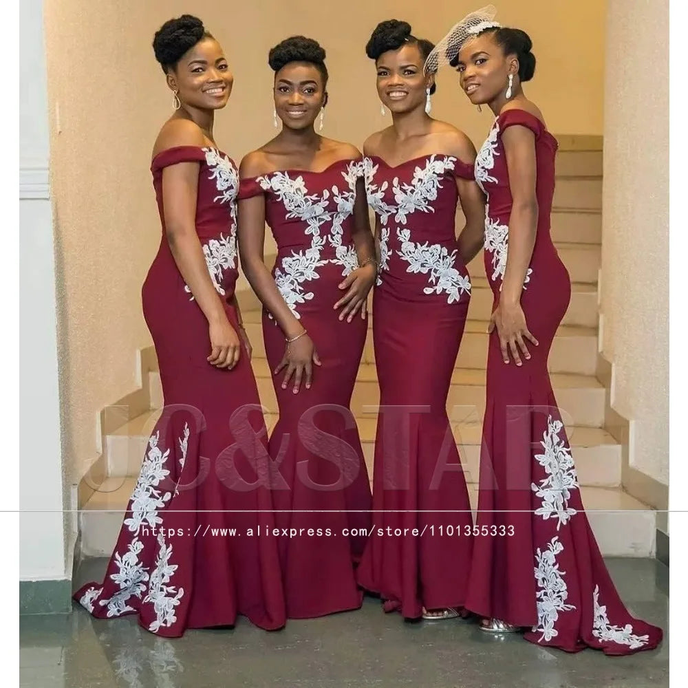 Burgundy Womens Off The Shoulder Mermaid Bridesmaid Dresses for Wedding Lace Satin Prom Dresses Long Formal Evening Gowns Africa