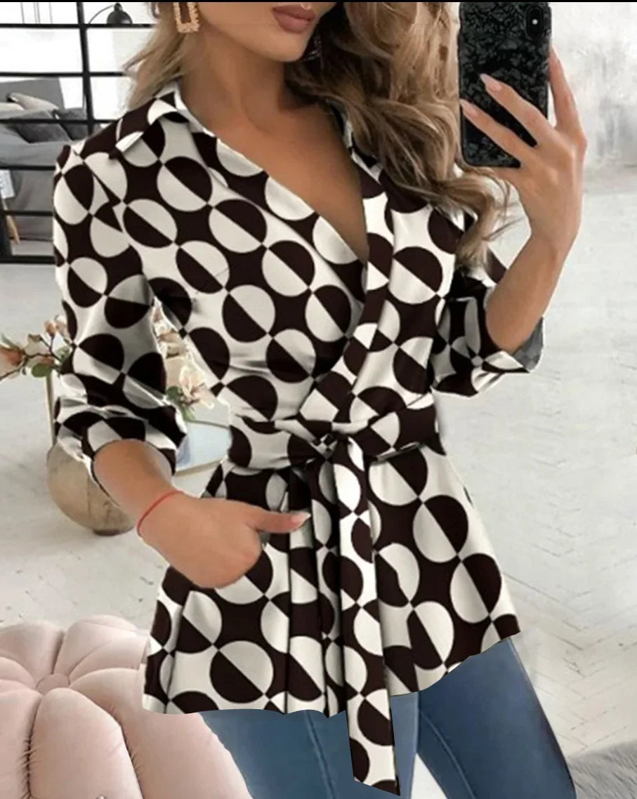 Plus Size Women's Spring/Summer Commuter Elegant Long Shirt Fashion Printed Shirt Long Sleeved Solid Color Lapel Belt Shirt