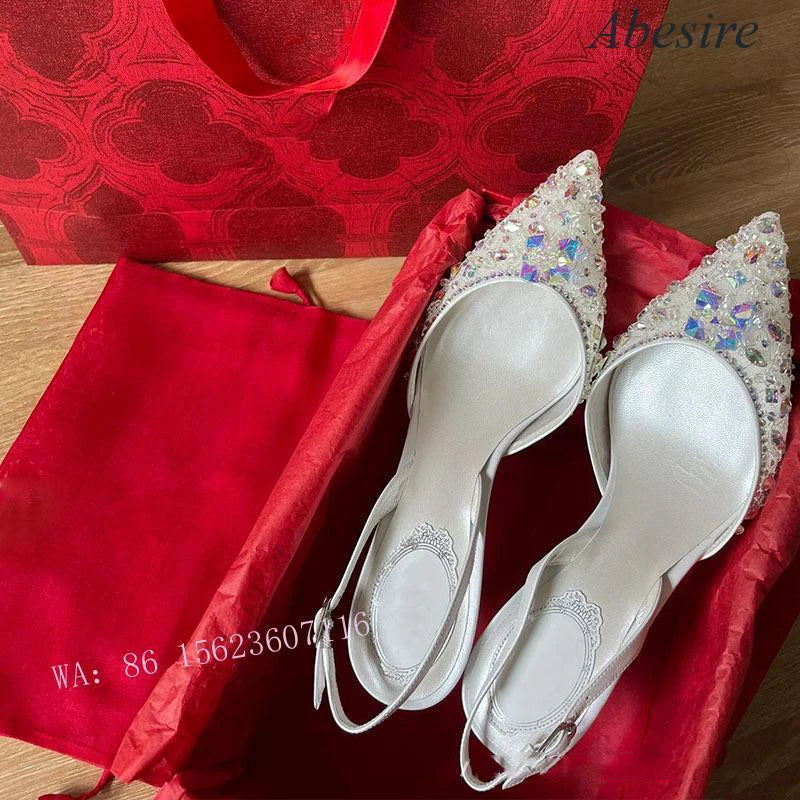 New Style White Wedding Banquet Luxury Heeled Women's Single Shoes with Pointed Toe Diamond-Decorated Stilettos Toe Cap