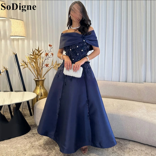 SoDigne Saudi Luxury Navy Blue Evening Dresses A-Line Beading Appliques Off Shoulder 2025 Royal Style Party Prom Gowns Customize