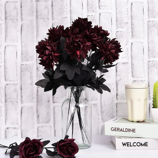 Halloween Burgundry Dahlia Black Artificial Flower Branch Wedding Flower Wall Arrangement Materials Fake Flower Table Home Decor