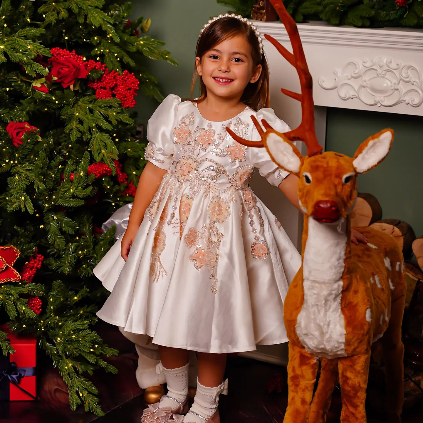Jill Wish Luxury Off White Flower Girl Dresses Dubai Beading Sequined Princess Gown for Kids Wedding Birthday Party Pageant J085