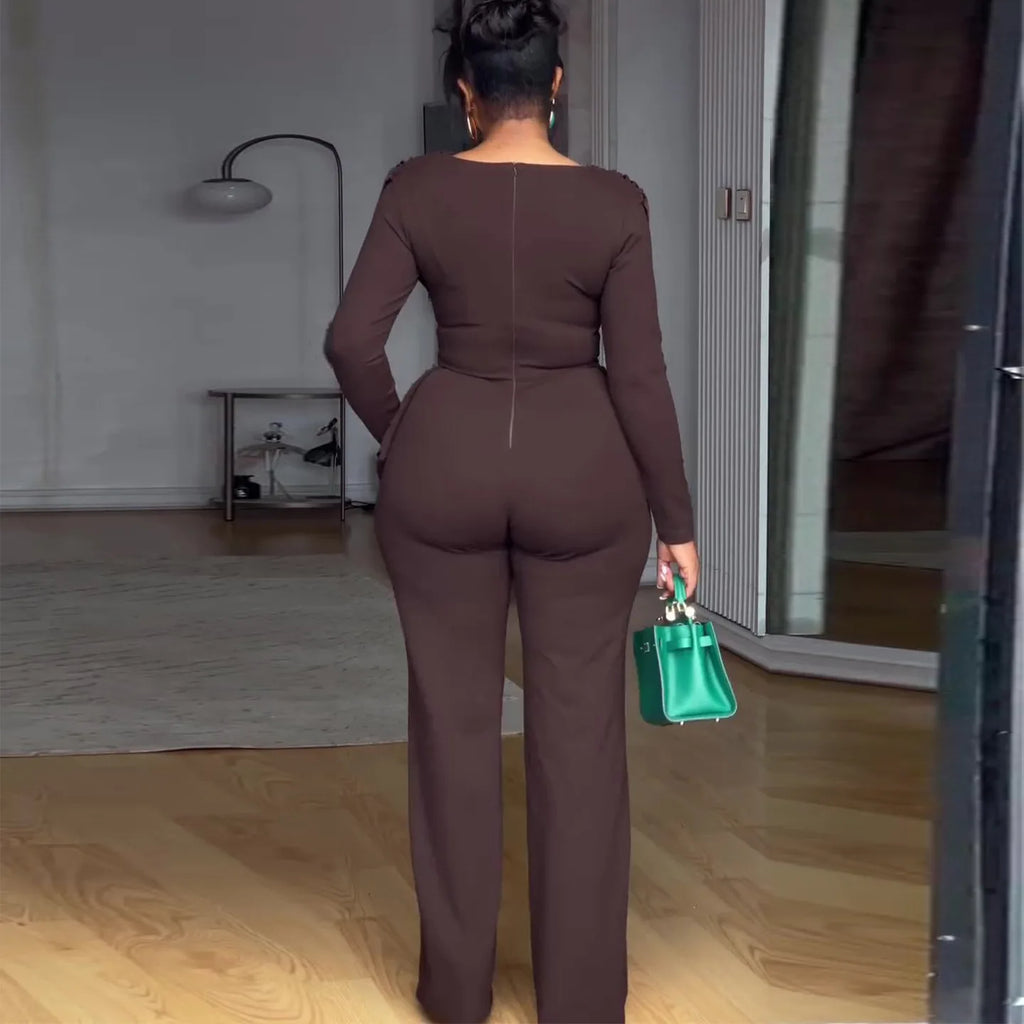 Swing Collar Ruched Jumpsuit Long Sleeve Solid Elegant Office Lady Asymmetric Hem Casual Vintage Ruched Slim Rompers Autumn